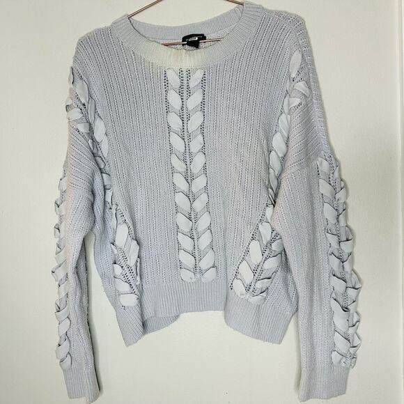 CLUB MONACO Baby Blue Woven Detail Cable Knit Sweater Size Medium - Picture 3 of 9